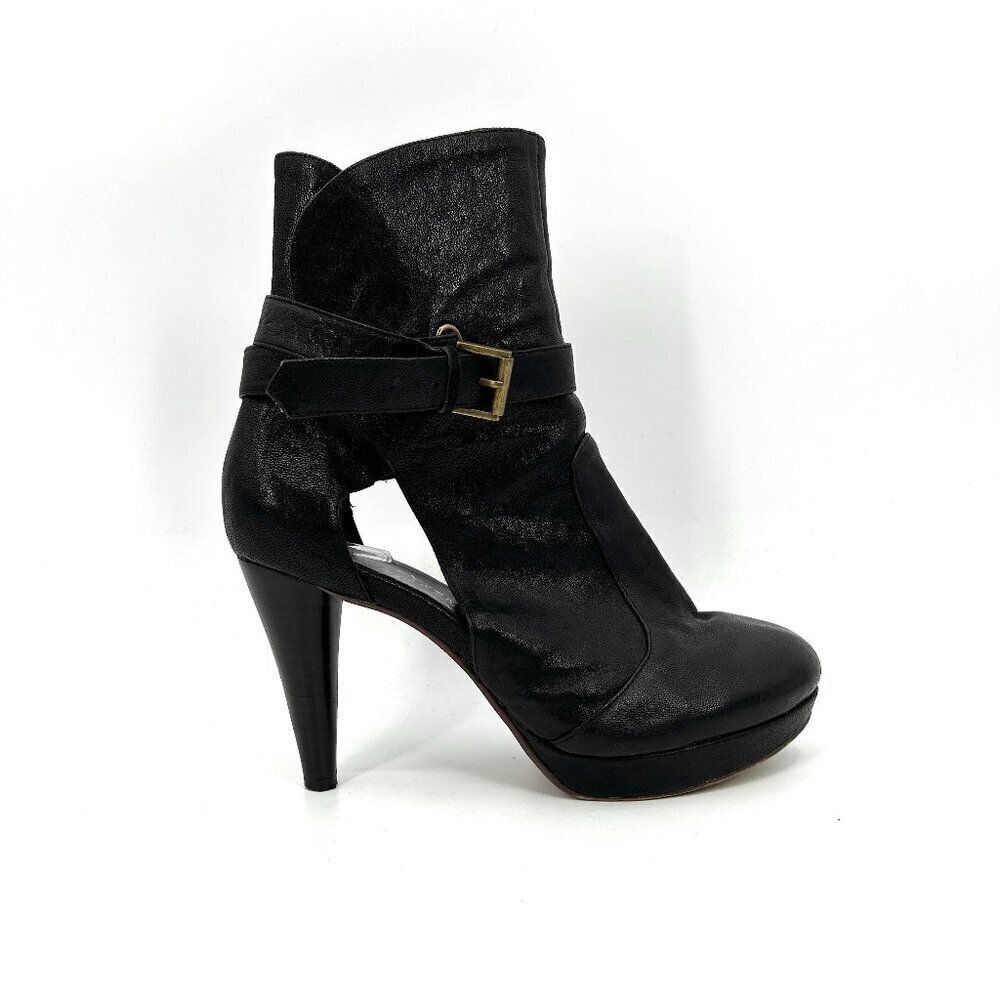 JEFFREY CAMPBELL Black Leather Platform Ankle Strap Booties Heels Shoes Size 9